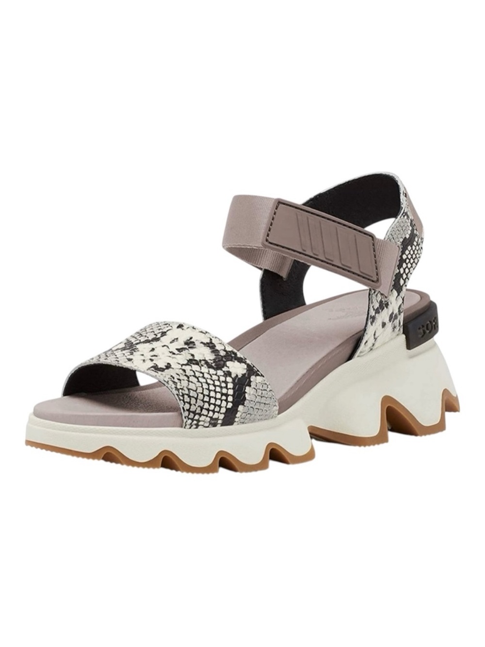 Sorel Kinetic Impact Y-Strap Leather High Platform Sandals Mauve Vapor Snakeskin